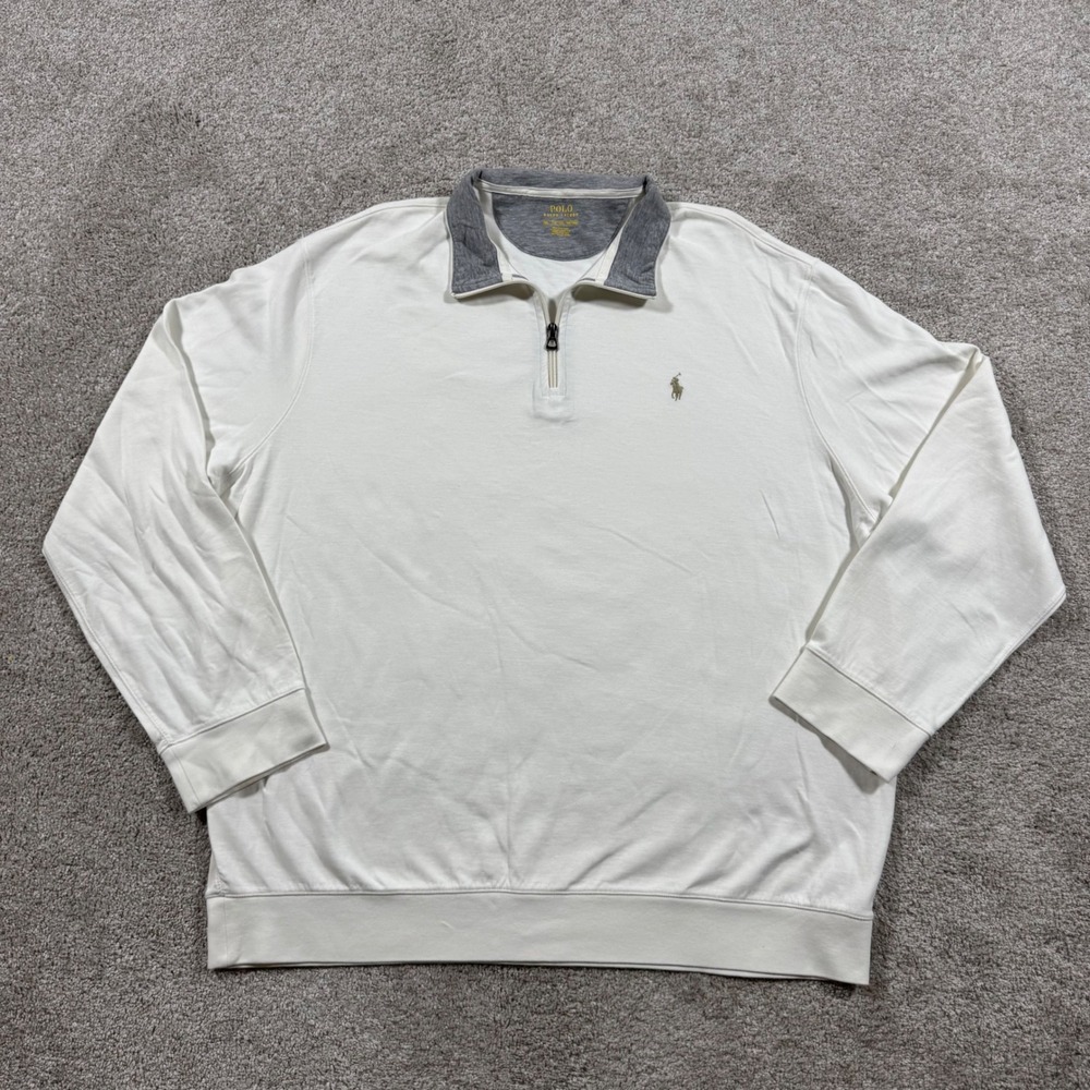 Polo Ralph Lauren Mens XXL White 1/4 Zip Pullover Grey Collar Cotton Blend Logo